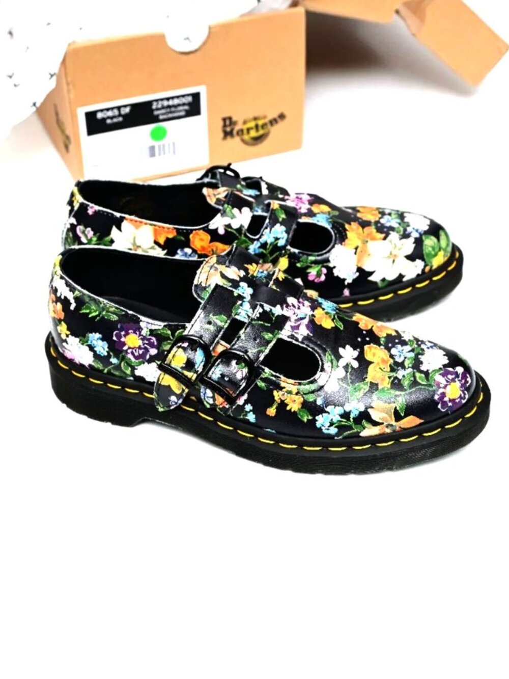 DR MARTENS- "Docs" Black Darcy Floral Backhand EU39 US 8 Mary Janes Circa-90s - Picture 10 of 11